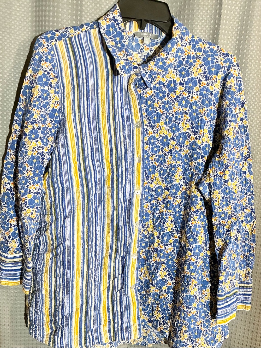 Habitat Sz M Blue Yellow Floral Stripe Button-Up Shirt Breathable Whimsical